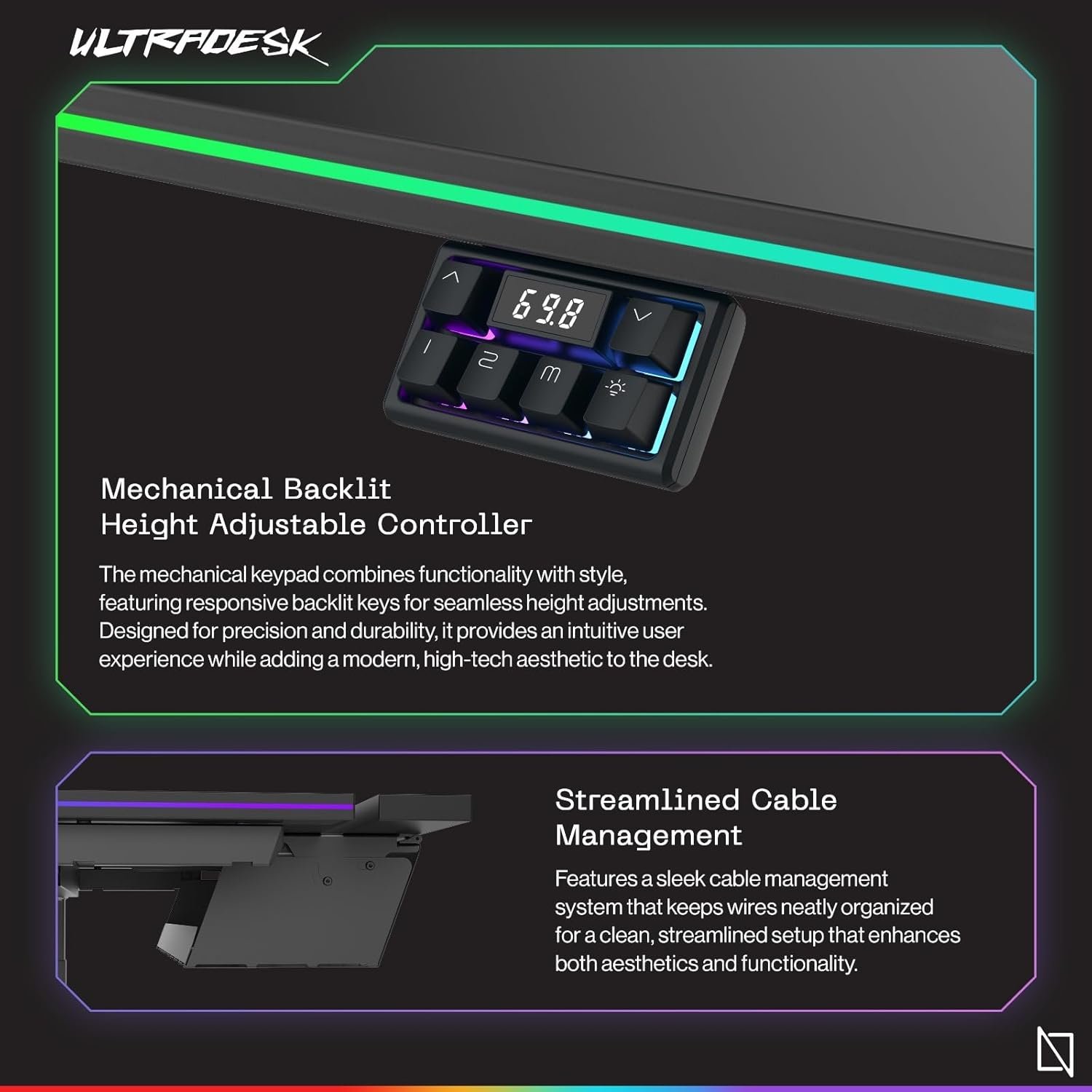  Navodesk APEX ULTRADESK, Electric Standing Desk with RGB Lighting and Cable Mangement, Premium Computer Gaming Desk (Black, 150 x 81 CM)