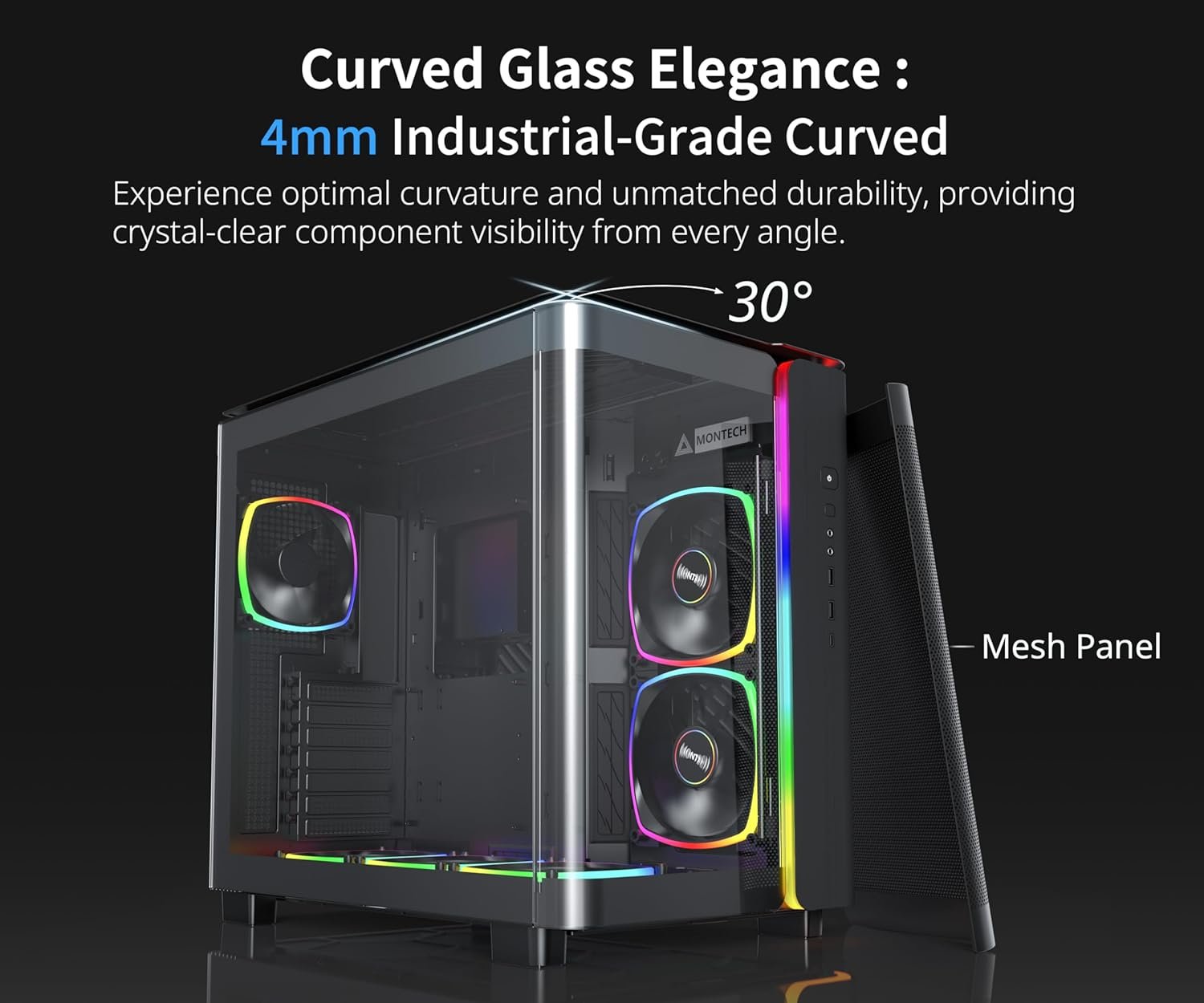 MONTECH, KING 95 PRO Dual-Chamber ATX Mid-Tower PC Gaming Case, High-Airflow, Toolless Panels, Sturdy Curved Tempered Glass Front, Six ARGB PWM Fan Pre-installed with Fan Hub, Black