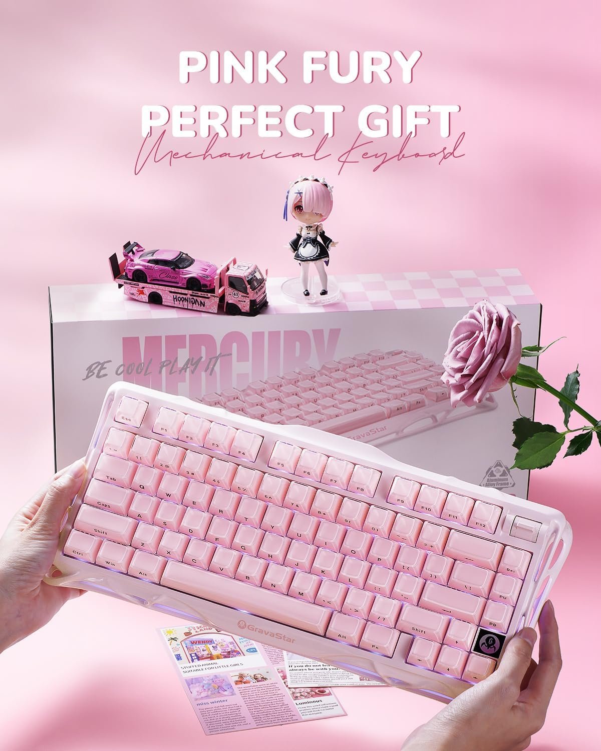GravaStar Mercury K1 75% Pink Wireless Keyboard, Aluminum Alloy Exoskeleton Design Mechanical Gaming Keyboard, Gasket Hot-Swap Socket, Linear Switches, RGB
