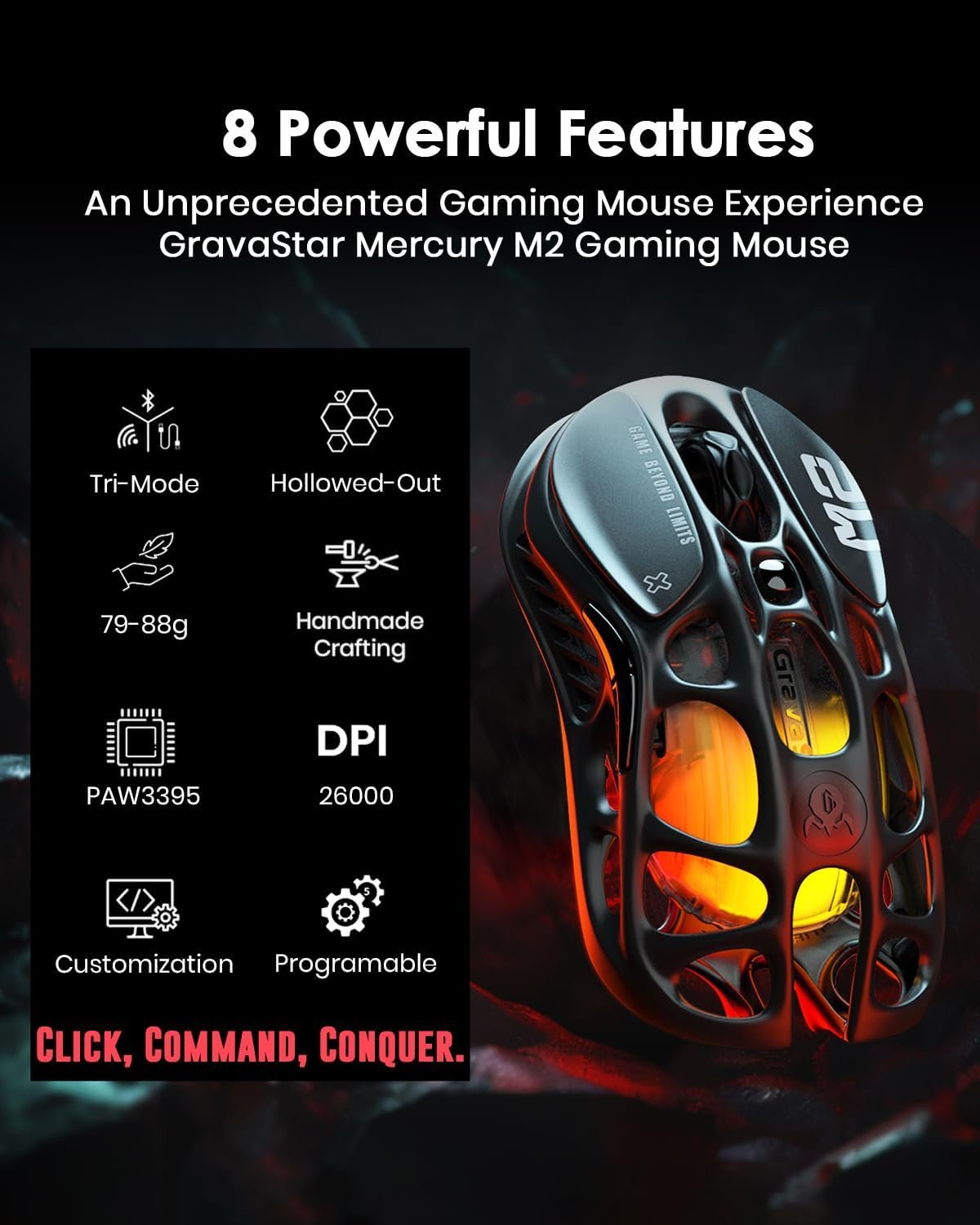 GravaStar Mercury M2 Gaming Mouse - MMO Computer Gaming Mouse with 26,000 dpi Optical Sensor - 78g Lightweight Hollow Design - 5 Programmable Buttons - 5...
