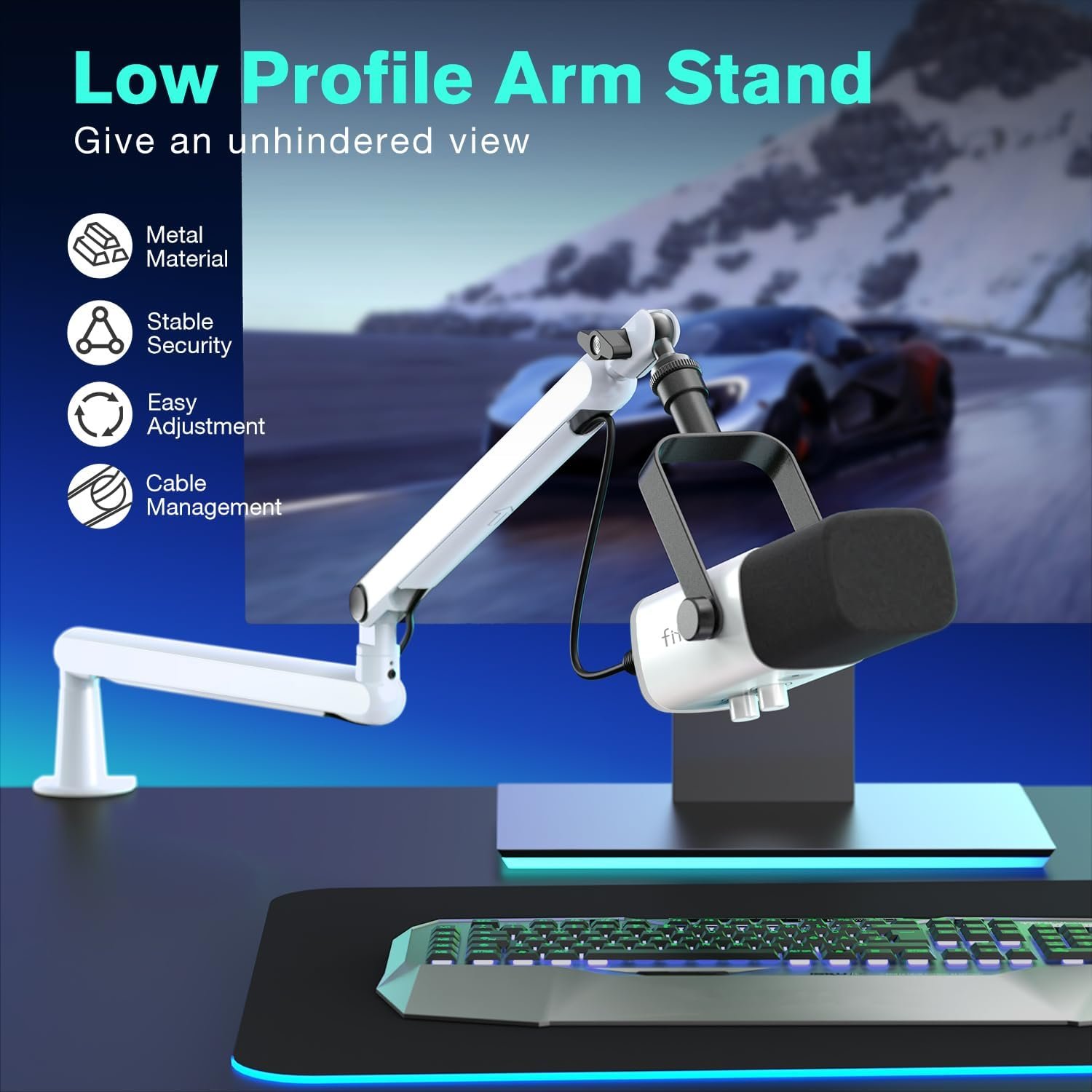 FIFINE Boom Arm Mic Stand, Low Profile Microphone Arm Stand, Podcast Mic Boom Arm with Desk Mount, Cable Channels Management, Metal Boom Arm White for...