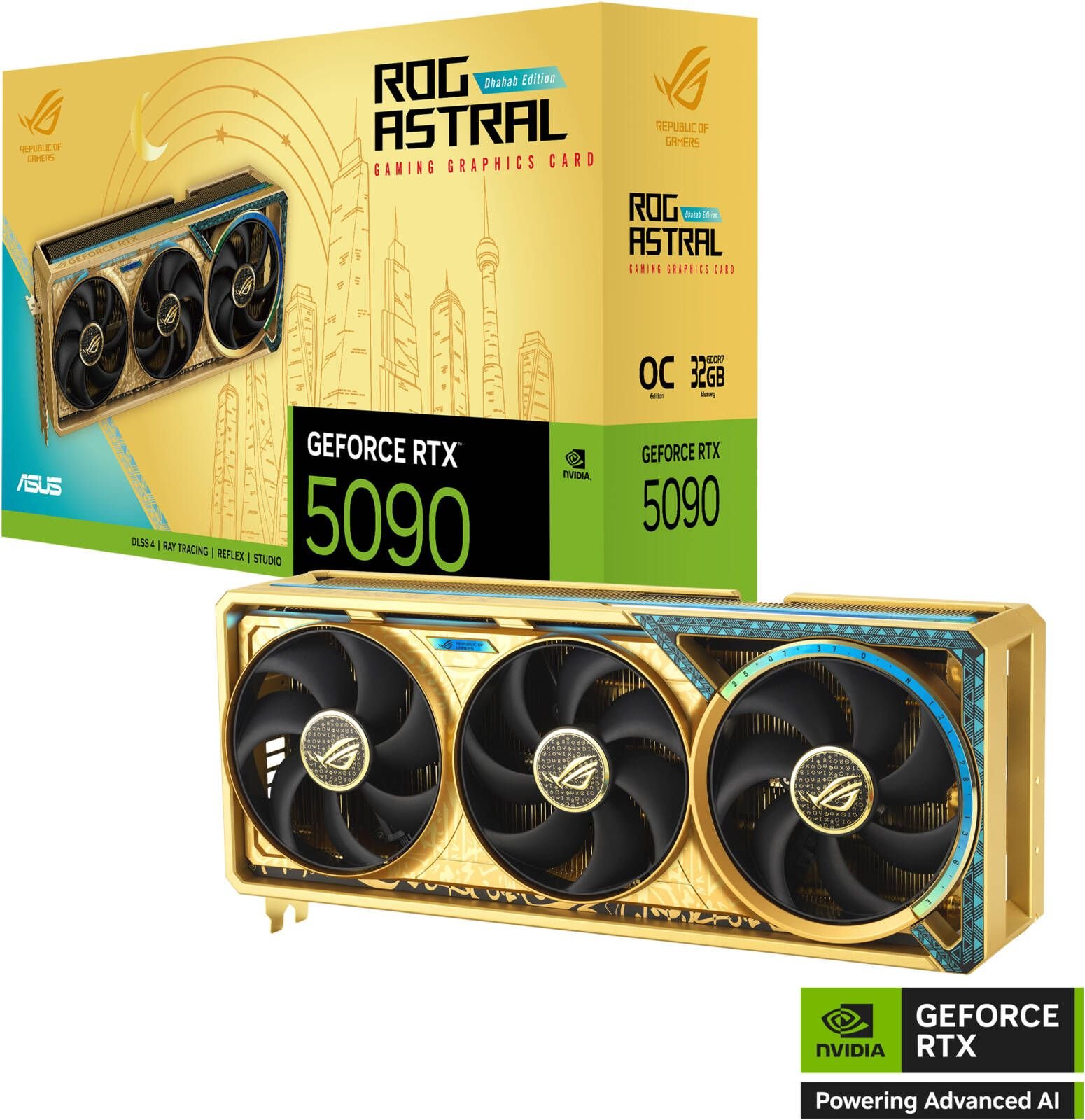 ASUS ROG Astral GeForce RTX 5090 Dhahab OC Edition Graphics Card, 32GB GDDR7 512-Bit Memory, 2580 MHz Boost Clock, 21760 CUDA Cores, 28 Gbps Memory Speed, Gold | 90YV0LW6-M0NM00