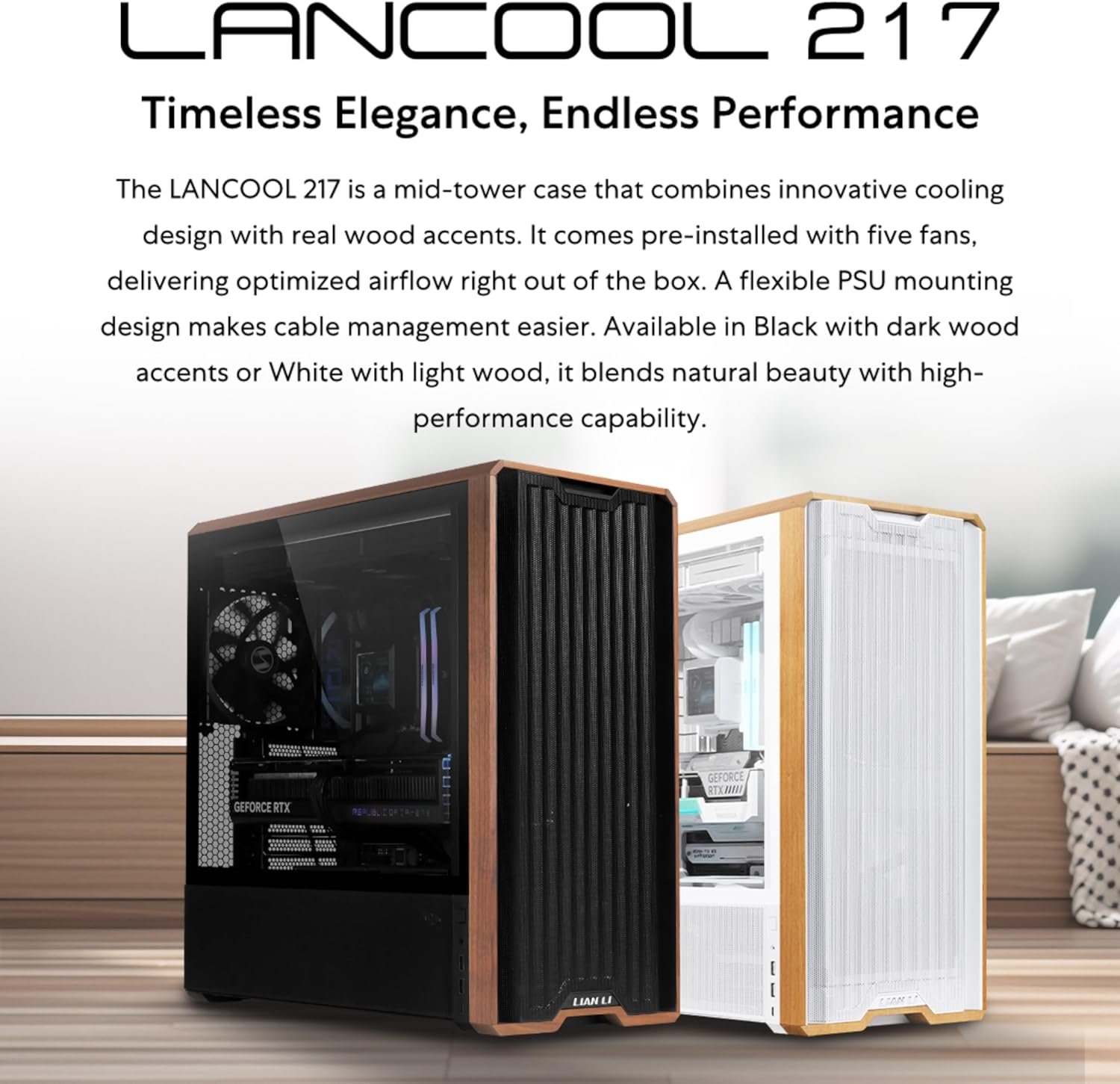 Lian Li LANCOOL 217 Genuine Walnut Wood Computer Case, Mid-Tower ATX PC Case with 5 Pre-Installed PWM Fans 2x170mm, 2x120mm & 1x140mm, Flexible PSU & Cable Installation - White (LAN217W)