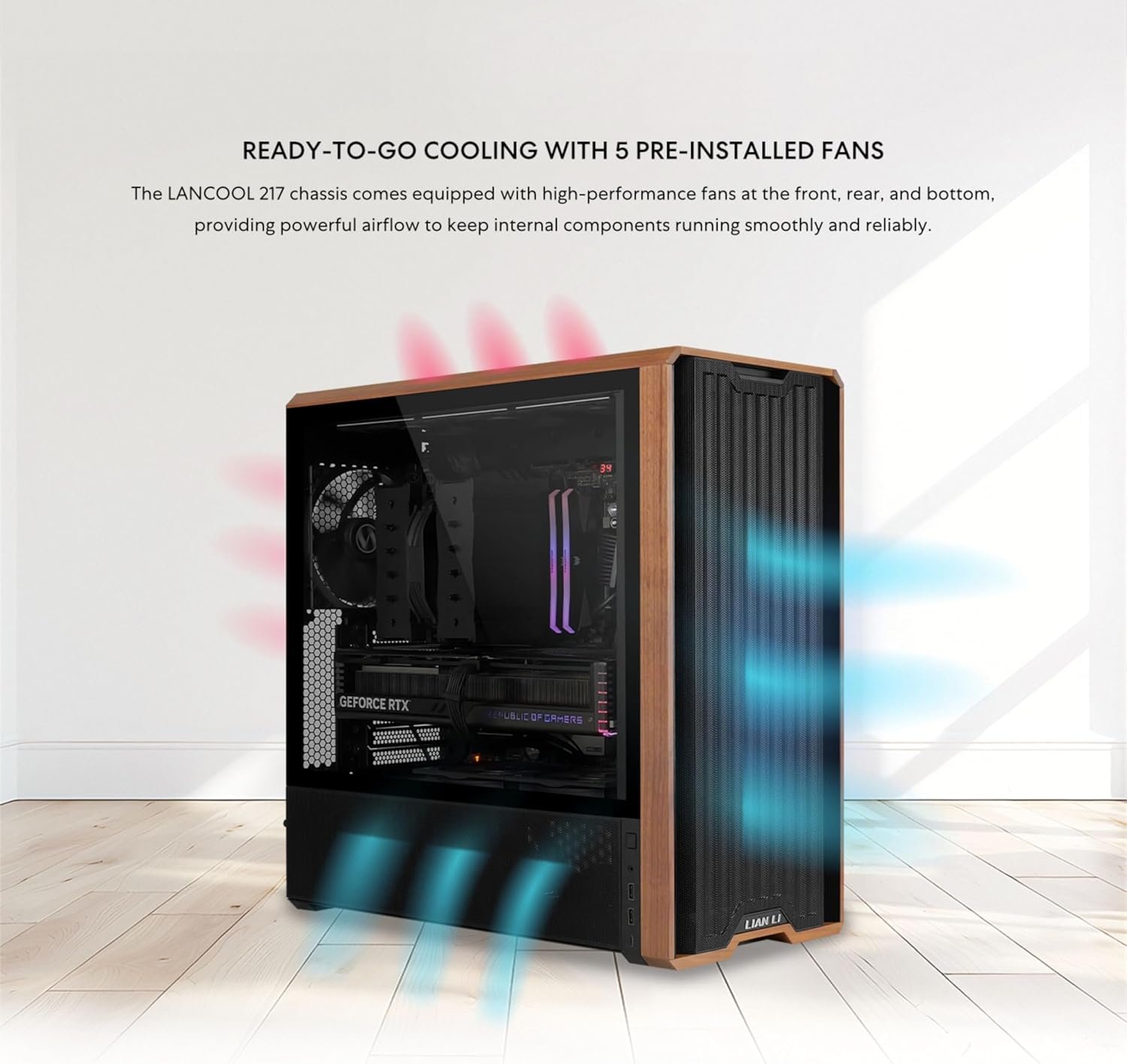Lian Li LANCOOL 217 Genuine Walnut Wood Computer Case, Mid-Tower ATX PC Case with 5 Pre-Installed PWM Fans 2x170mm, 2x120mm & 1x140mm, Flexible PSU & Cable Installation - White (LAN217W)