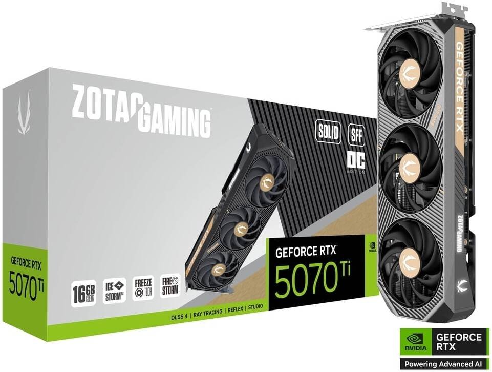 ZOTAC GAMING GeForce RTX 5070 Ti SOLID SFF OC Graphic Cards, 16GB GDDR7 256-Bit Memory, 2482 MHz Engine Clock, 28 Gbps Memory Clock, 8960 CUDA Cores, PCI Express 5.0 x16 | ZT-B50710J3-10P