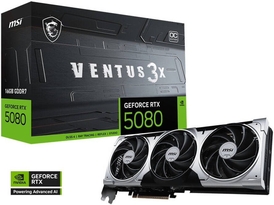  MSI GeForce RTX 5080 16G Ventus 3X OC Plus Graphic Card, 16GB GDDR7 256-bit Memory, 2640 MHz Boost Clock, 30 Gbps Memory Speed, 10752 CUDA Cores, PCI Express Gen 5 | 912-V531-030