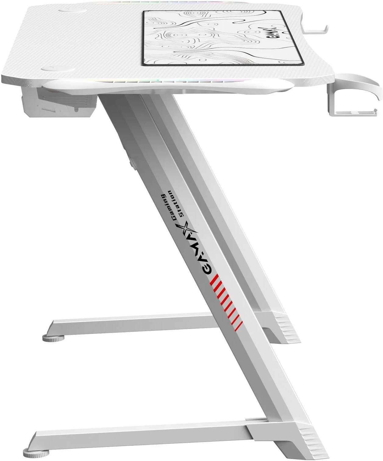 Gamax TD-03 Gaming Table, Built-In RGB , Cable Management, Cup Holder, Headphone Hook, Carbon Fibre, Steel Frame, MousePad, 110x60x75cm Size, White | TD-03