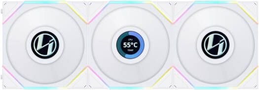 Lian Li Uni Fan TL 120 Case Fan, 1.6â€ LCD, 120mm Fan Size, 1900 RPM Fan Speed, 62 CFM Airflow, PA66 / PBT Materials, Fluid Dynamic Bearing, Triple Pack, W/ Controller, White | G99.12TLLCD3W.00