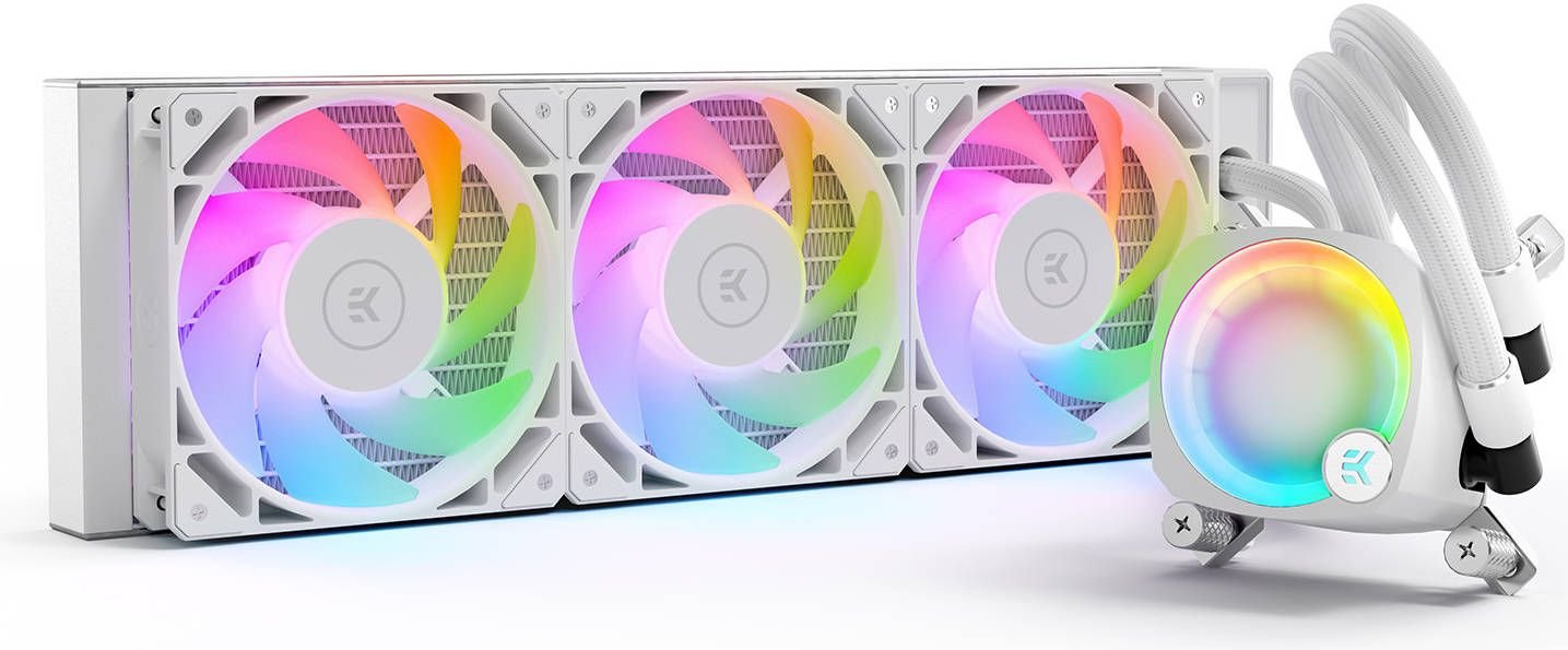 EK-Nucleus AIO CR360 Lux D-RGB Liquid CUP Cooler, 360mm Radiator, 120mm EK-Loop FPT Fans, 2300 RPM FanSpeed, 72 CFM Airflow, Rotatable Pump Top, ARGB Lighting, White | 3831109897850