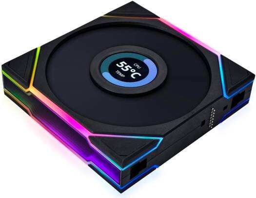 Lian Li Uni Fan TL 120 Reverse Blade Case Fan, 1.6" LCD, 120mm Fan Size, 1900 RPM Fan Speed, 54.3 CFM Airflow, PA66 / PBT Materials, Fluid Dynamic Bearing, Single Pack, Black | G99.12RTLLCD1B.00