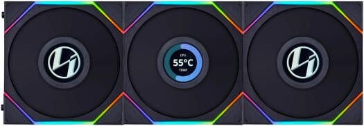 Lian Li Uni Fan TL 120 Reverse Blade Case Fan, 1.6" LCD, 120mm Fan Size, 1900 RPM Fan Speed, 54.3 CFM Airflow, PA66 / PBT Materials, FD Bearing, Triple Pack, W/ Controller, Black | G99.12RTLLCD3B.00