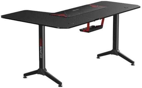 Gamax HY-R L-Shaped Gaming Table with Mousepad, Headphone Hook, Cup Holder, And Cable Management, 1.2mm Thick Steel, P2 Carbon Fiber Grain, 160x100x75cm Size | HY-R