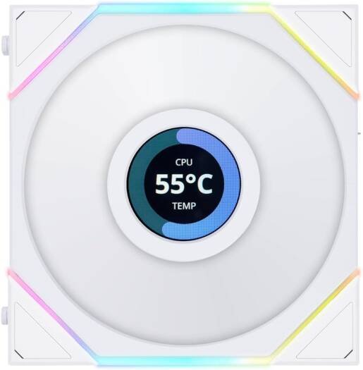 Lian Li Uni Fan TL 120 Reverse Blade Case Fan, 1.6" LCD, 120mm Fan Size, 1900 RPM Fan Speed, 54.3 CFM Airflow, PA66 / PBT Materials, Fluid Dynamic Bearing, Single Pack, White | G99.12RTLLCD1W.00
