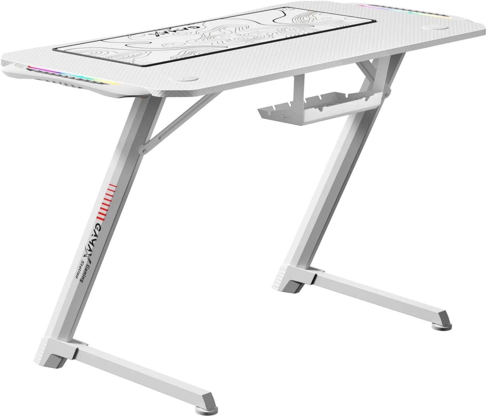 Gamax TD-03 Gaming Table, Built-In RGB , Cable Management, Cup Holder, Headphone Hook, Carbon Fibre, Steel Frame, MousePad, 110x60x75cm Size, White | TD-03