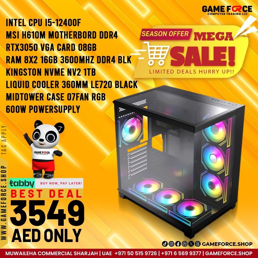 GAMING PC INTEL CPU I5-12400F MSI H610M MOTHERBORD DDR4  RTX3050 VGA CARD 08GB  TFORCE RAM 8X2 16GB 3600MHZ DDR4 BLK KINGSTON NVME NV2 1TB DEEPCOOL LIQUID COOLER 360MM LE720 BLACMIDTOWER CASE 07FAN RGB  600W POWERSUPPLY	 