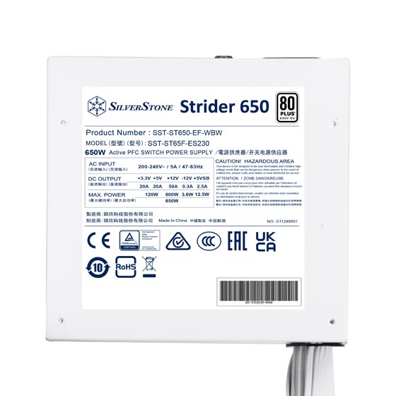 SilverStone Strider 650 Non-Modular Power Supply, 650W Power, 80 Plus Certification, Active PFC, 120mm Silent Fan, Class-Leading Single +12V Rail, ATX Form Factor, White