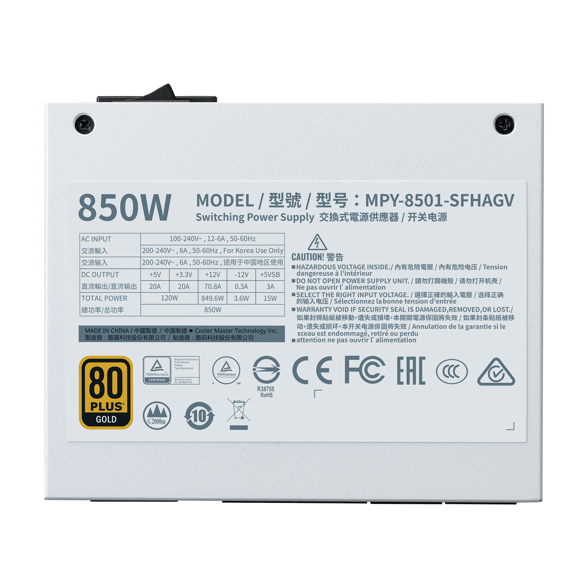 Cooler Master V850 SFX Gold ATX 3.1 White Edition, EU Plug - 850W 80 PLUS Gold, Full Modular Power Supply, SFF/Mini-ITX Power Supply, 92mm FDB Fan, PCIe 5.1 Cable, SFX to ATX Bracket