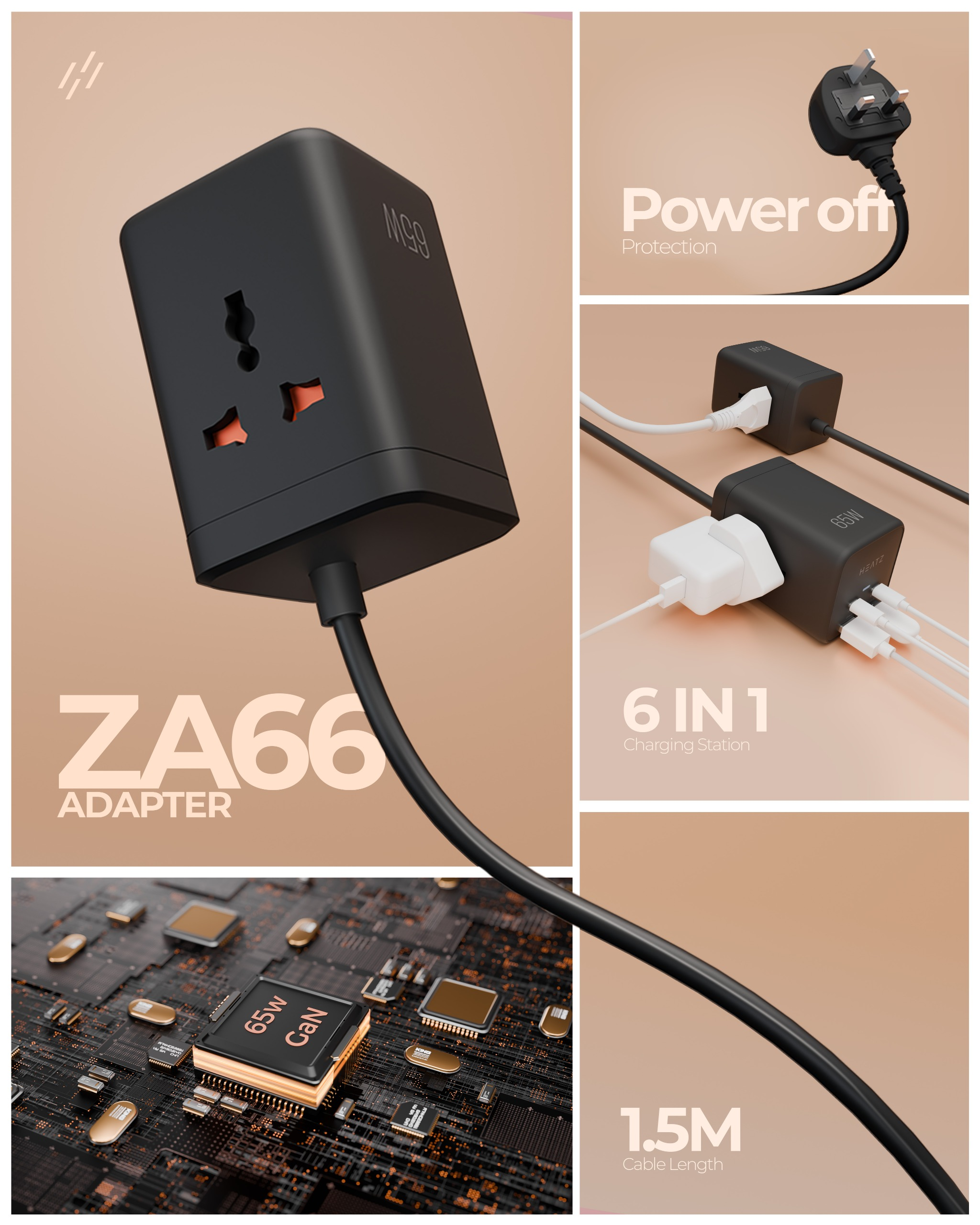 HEATZ ZA66 6-in-1 Power Adapter – 65W GaN, 2 USB, 2 PD, 2 Power Sockets