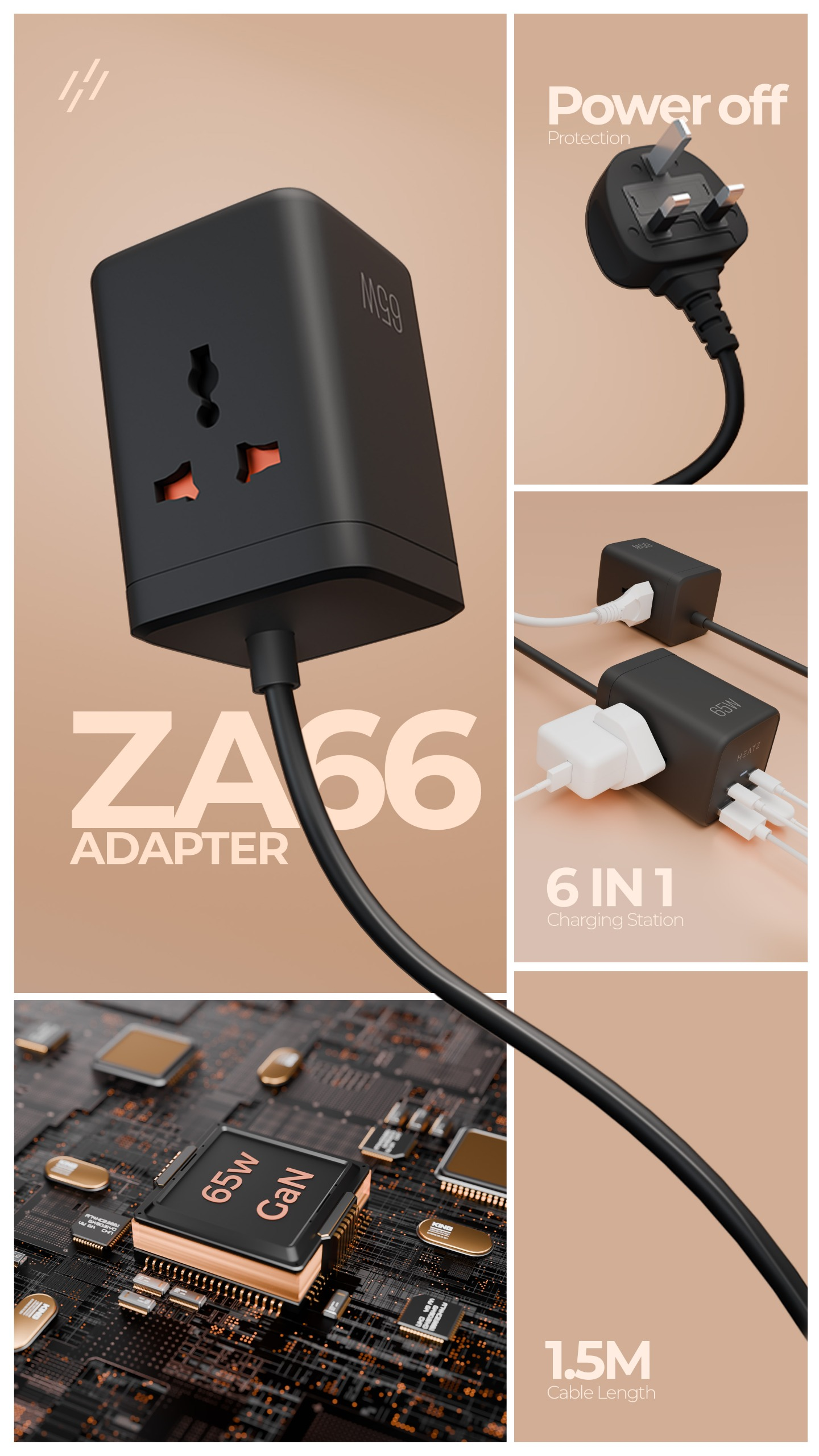 HEATZ ZA66 6-in-1 Power Adapter – 65W GaN, 2 USB, 2 PD, 2 Power Sockets