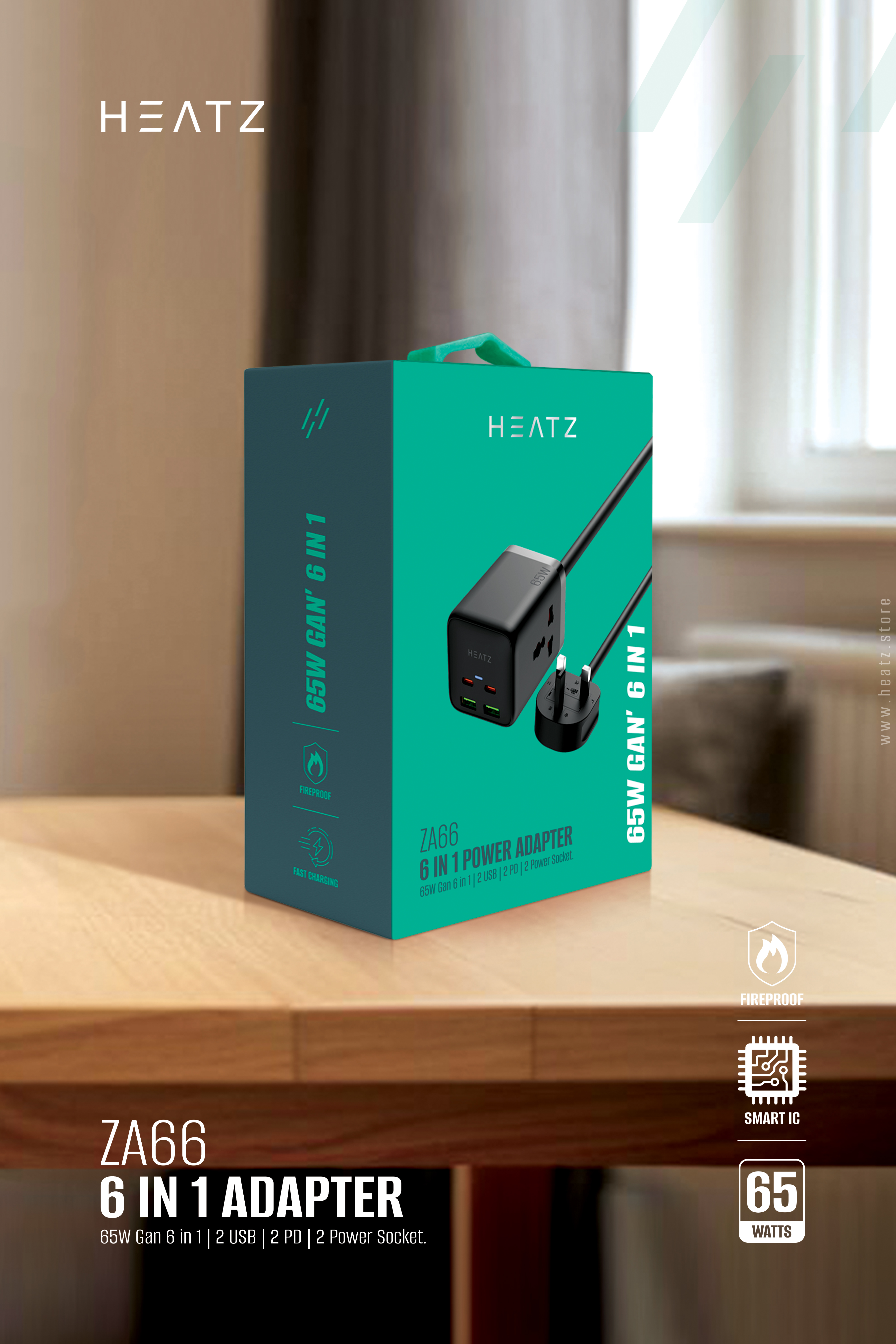 HEATZ ZA66 6-in-1 Power Adapter – 65W GaN, 2 USB, 2 PD, 2 Power Sockets